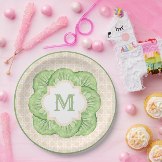 Grandmillennial Cabbage Leaf Monogram | Rattan Pappteller (Party)