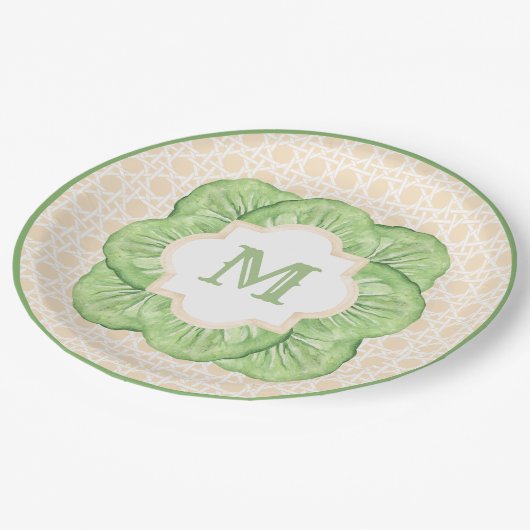 Grandmillennial Cabbage Leaf Monogram | Rattan Pappteller (Schrägansicht)