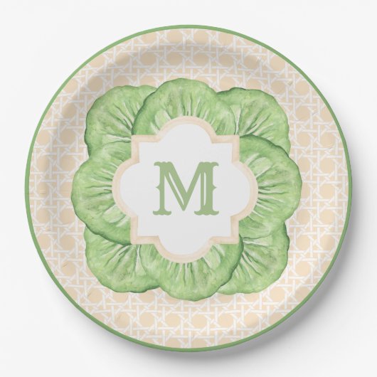 Grandmillennial Cabbage Leaf Monogram | Rattan Pappteller (Vorderseite)