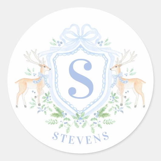 Grandmillennial Christmas Hirsch Wappen Monogram Runder Aufkleber (Vorderseite)