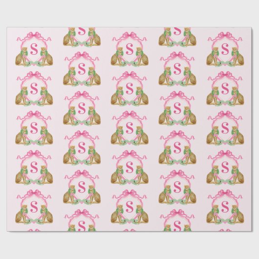 Grandmillennial Christmas Leopard Monogram Geschenkpapier (Flach)