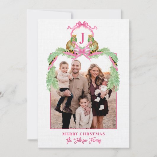 Grandmillennial Christmas Leopard Monogram Photo Einladung (Vorderseite)