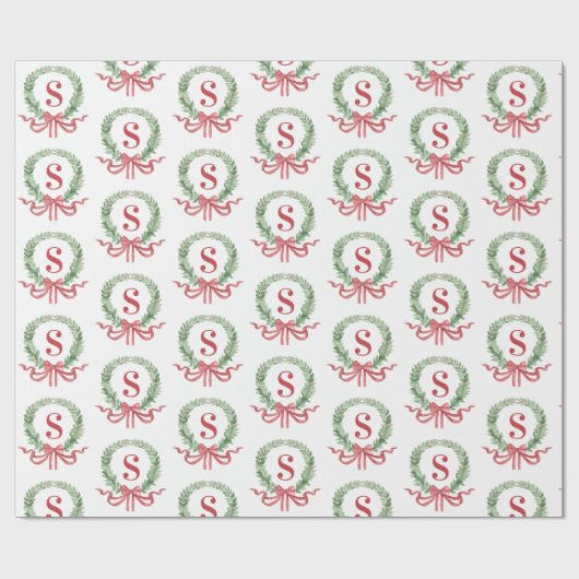 Grandmillennial Christmas Wreath Monogram Geschenkpapier (Flach)