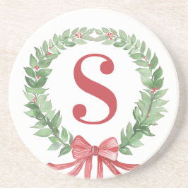 Grandmillennial Christmas Wreath Monogram Getränkeuntersetzer