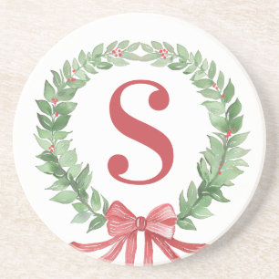 Grandmillennial Christmas Wreath Monogram Getränkeuntersetzer