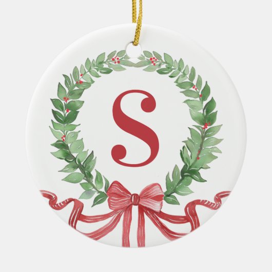 Grandmillennial Christmas Wreath Monogram Keramik Ornament (Vorne)