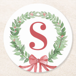 Grandmillennial Christmas Wreath Monogram Runder Pappuntersetzer