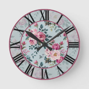 Grandmillennial Dusty Rose Floral Benutzerdefinier Runde Wanduhr