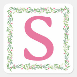 Grandmillennial Evergreen Swag | Monogramm Quadratischer Aufkleber