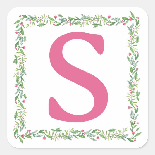 Grandmillennial Evergreen Swag | Monogramm Quadratischer Aufkleber (Vorderseite)