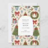 Grandmillennial Floral Pine Trees Bow Holiday Card (Vorderseite)