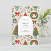 Grandmillennial Floral Pine Trees Bow Holiday Card (Stehend Vorderseite)