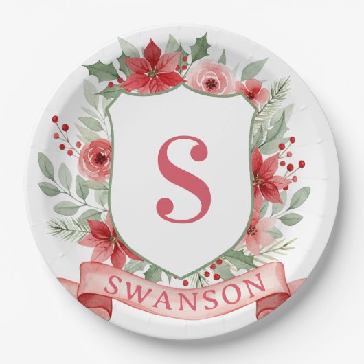 Grandmillennial Holiday Crest | Christmas Monogram Pappteller (Vorderseite)