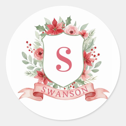 Grandmillennial Holiday Crest | Christmas Monogram Runder Aufkleber (Vorderseite)