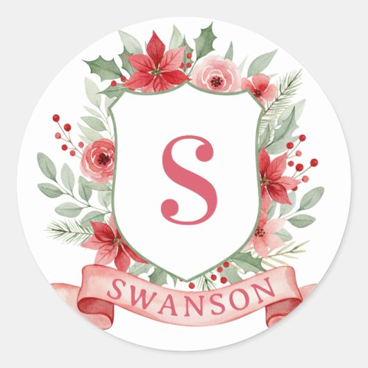 Grandmillennial Holiday Crest | Christmas Monogram Runder Aufkleber (Vorderseite)