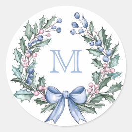 Grandmillennial Holly Christmas Monogram Runder Aufkleber