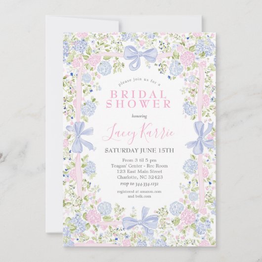 Grandmillennial Pink and Blue bridal shower invite Einladung (Vorderseite)