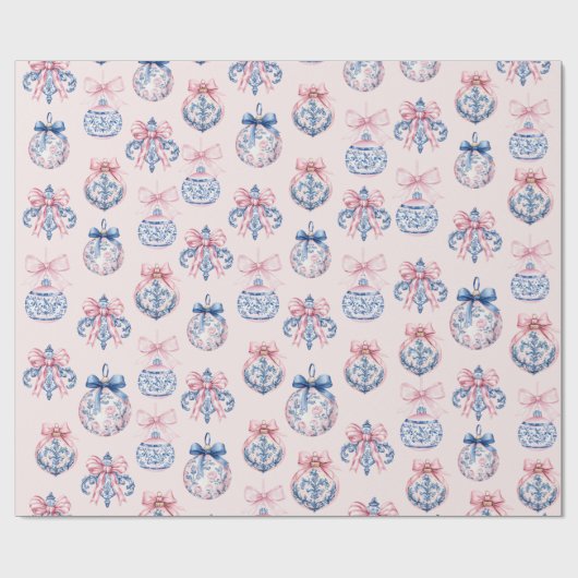 Grandmillennial Pink & Blue Coquette Bow Ornamente Geschenkpapier (Flach)