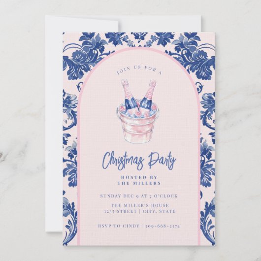 Grandmillennial Pink & Blue Damask Champagne Einladung (Vorderseite)
