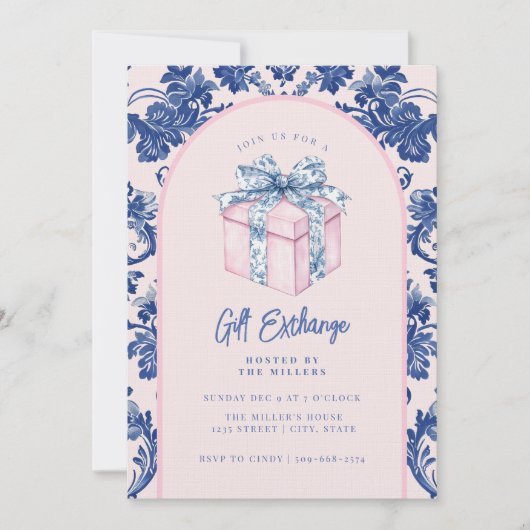 Grandmillennial Pink & Blue Damask Geschenk Einladung (Vorderseite)