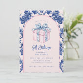 Grandmillennial Pink & Blue Damask Geschenk Einladung (Stehend Vorderseite)