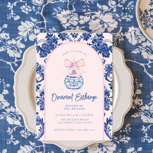 Grandmillennial Pink & Blue Damask Ornament Einladung