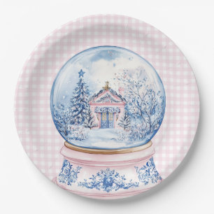 Grandmillennial Pink & Blue Damask Schneeglobe Pappteller