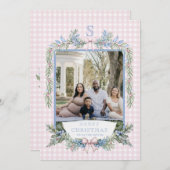 Grandmillennial Pink & Blue Holly Weihnachten Einladung (Vorne/Hinten)