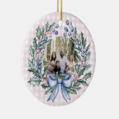 Grandmillennial Pink & Blue Holly Weihnachten Foto Keramik Ornament (Rechts)