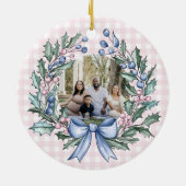 Grandmillennial Pink & Blue Holly Weihnachten Foto Keramik Ornament (Hinten)