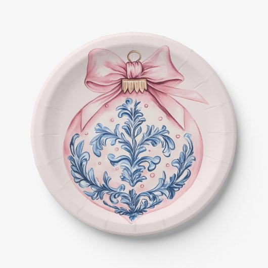 Grandmillennial Pink und Blue Damask Ornament Pappteller (Vorderseite)
