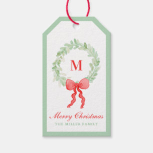 Grandmillennial Preppy Christmas Wreath Monogram Geschenkanhänger