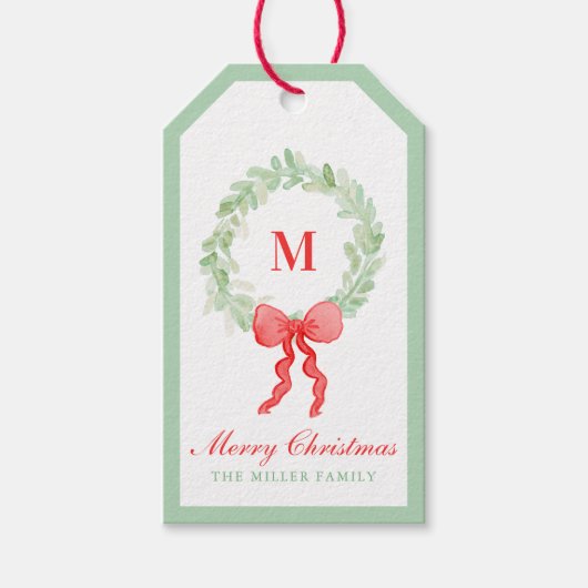 Grandmillennial Preppy Christmas Wreath Monogram Geschenkanhänger (Vorderseite)