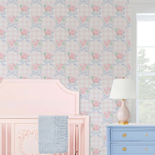 Grandmillennial Preppy floral Bogen Rosa Gingham Tapete