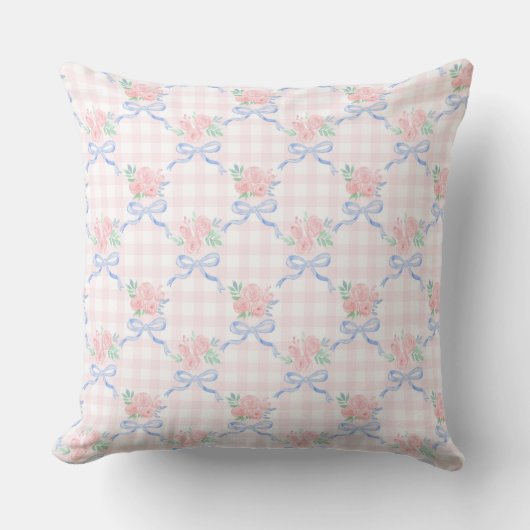 Grandmillennial Ribbon Floral Trellis auf Gingham Kissen (Vorderseite)