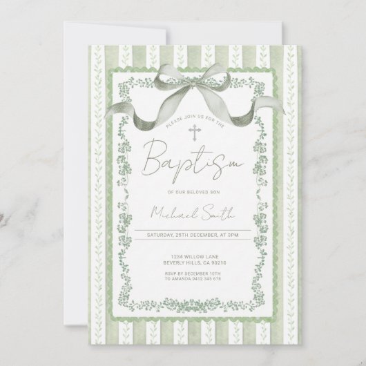 Grandmillennial Sage Green Botanical Baptism  Einladung (Vorderseite)