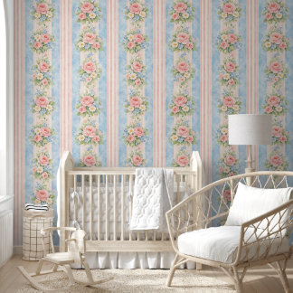 Grandmillennial Stripe Floral Blue Pink Wallpaper Tapete