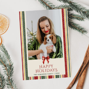Grandmillennial Stripes Bow Happy Holidays 1 Foto Feiertagskarte