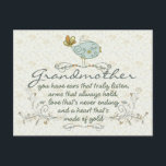 Grandmother Poem with Birds Postkarte<br><div class="desc">You have ears that truly listen, arms that always hold, love that's never ending and a heart that's made of gold. With two light birds on each sides and trendy twirls, swirls, with some orange, yellow, gold colors for the tails and flowers.</div>
