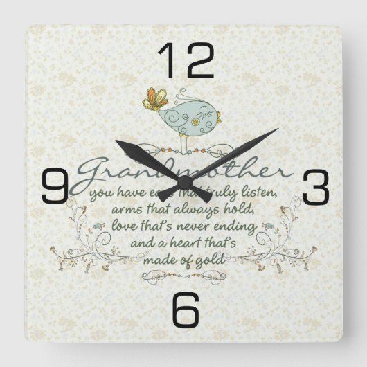 Grandmother Poem with Birds Quadratische Wanduhr (Vorderseite)