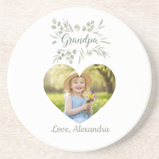 Grandpa Gift Coaster - Heart Photo & Eucalyptus Getränkeuntersetzer (Vorne)