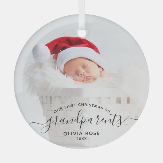 Grandparents First Christmas Photo Black Script Ornament Aus Glas (Vorderseite)