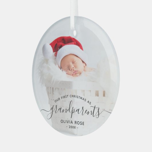Grandparents First Christmas Photo Black Script Ornament Aus Glas (Vorderseite links)
