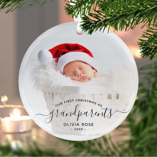 Grandparents First Christmas Photo Black Script Ornament Aus Glas