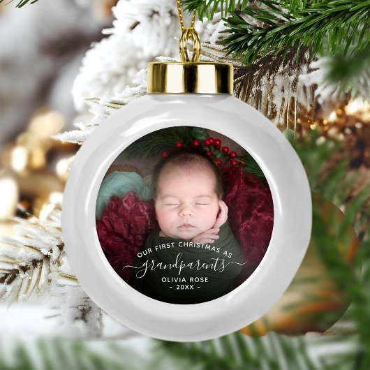Grandparents First Christmas Photo White Script Keramik Kugel-Ornament
