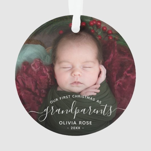 Grandparents First Christmas Photo White Script Ornament (Rückseite)