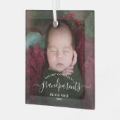 Grandparents First Christmas Photo White Script Ornament Aus Glas (Vorderseite links)
