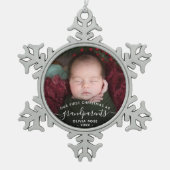 Grandparents First Christmas Photo White Script Schneeflocken Zinn-Ornament (Vorderseite)