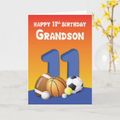 Grandson 11. Geburtstag Sportbälle Karte (Gelbe Blume)