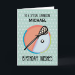 Grandson 14. Geburtstag Lacrosse Sport Personalize Karte<br><div class="desc">Wenn Ihr Enkel spielt oder Liebe den Lacrossesport, wird diese Karte perfekt! Ein Lacrosse-Stick mit Ball wird mit einem Hintergrund in aquamarinen gesehen. Personalisieren Sie es mit seinem Namen und seinem Alter! Egal ob er 10 oder 25 wird, er wird Liebe sehen, seinen Namen und Alter für eine großartige personalisierte...</div>